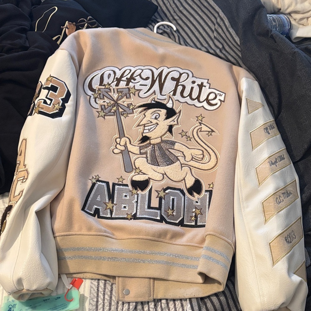 Off-White Tan and White Varsity Jacket - Picture 2 of 2